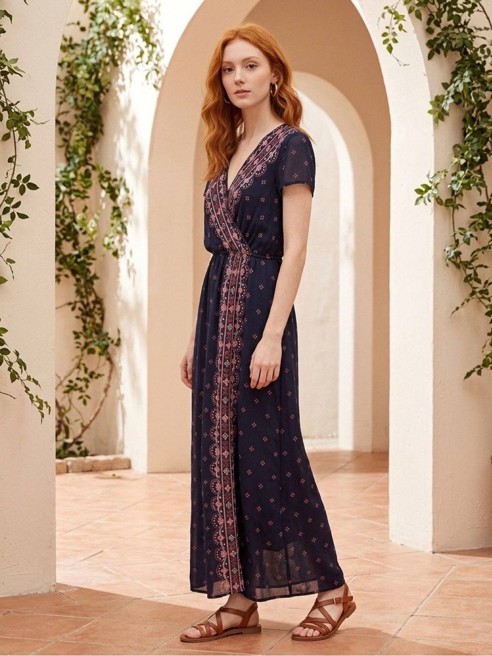 Xhilaration Navy Maxi Dress with Pink Border Print